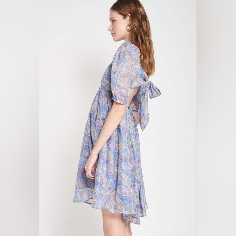 NWT En Saison Octavia Dress Floral Organza with Puff Sleeves Back Cutout Size M